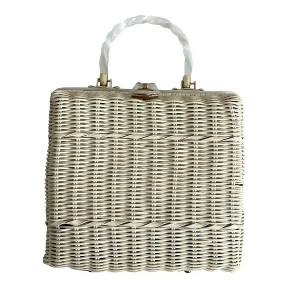 Vintage White Wicker Handbag Lucite Handles Pleated Purse Made Hong Kong 9x4x8